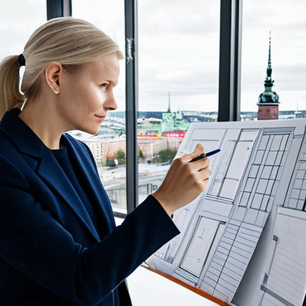 **
A professional architect, fully clothed in appropriate attire (stylish but modest), is reviewing blueprints at a bright, modern office space in Stockholm. Large windows overlook the city skyline, showcasing Swedish architectural design. Natural light floods the room. She's holding a pen and pointing at a specific detail on the plan. Safe for work, professional, appropriate content, perfect anatomy, natural proportions, well-formed hands, proper finger count, family-friendly. Include architectural models in the background. High quality rendering.
**