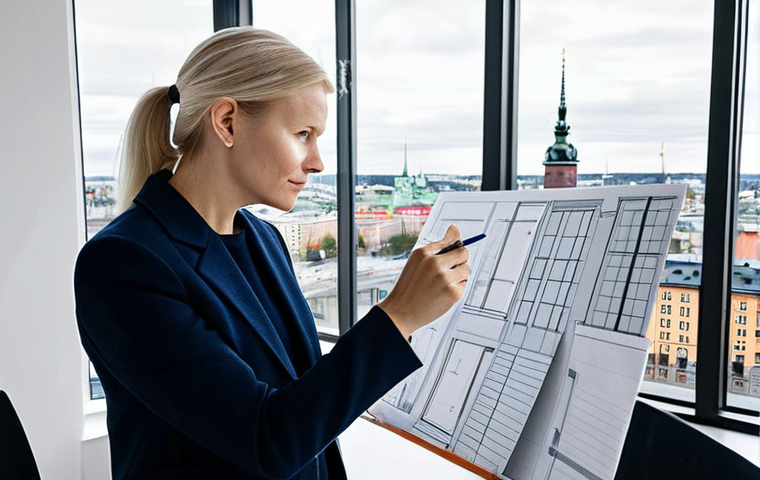 **

A professional architect, fully clothed in appropriate attire (stylish but modest), is reviewing blueprints at a bright, modern office space in Stockholm. Large windows overlook the city skyline, showcasing Swedish architectural design. Natural light floods the room.  She's holding a pen and pointing at a specific detail on the plan. Safe for work, professional, appropriate content, perfect anatomy, natural proportions, well-formed hands, proper finger count, family-friendly. Include architectural models in the background. High quality rendering.

**