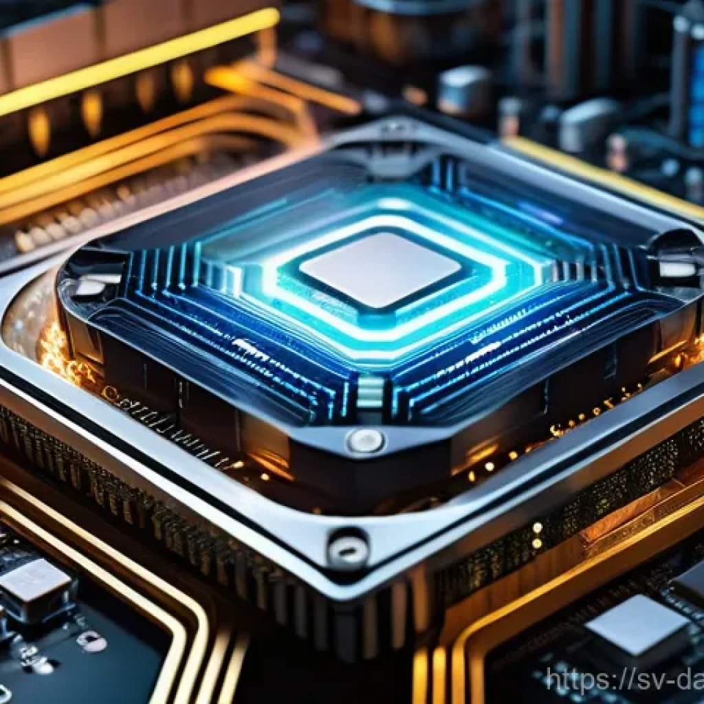 데이터베이스 성능을 위한 하드웨어 최적화 - **A highly detailed, futuristic depiction of a powerful server processor at its core, glowing with i...
