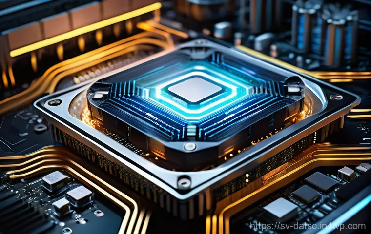 데이터베이스 성능을 위한 하드웨어 최적화 - **A highly detailed, futuristic depiction of a powerful server processor at its core, glowing with i...