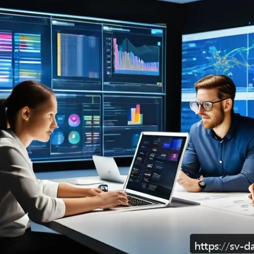 Home 13 비즈니스 요건에 맞춘 데이터베이스 아키텍처 최적화 - A modern office environment with a diverse team of Swedish business professionals collaboratively an...