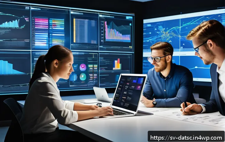 비즈니스 요건에 맞춘 데이터베이스 아키텍처 최적화 - A modern office environment with a diverse team of Swedish business professionals collaboratively an...