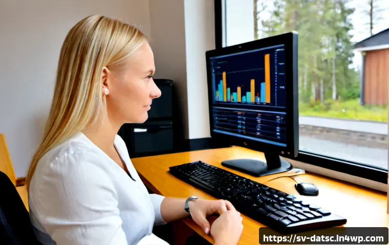 Home 17 비용 효율적인 데이터베이스 유지 관리 전략 - Photorealistic Swedish small-business IT office, a calm database administrator reviewing server main...